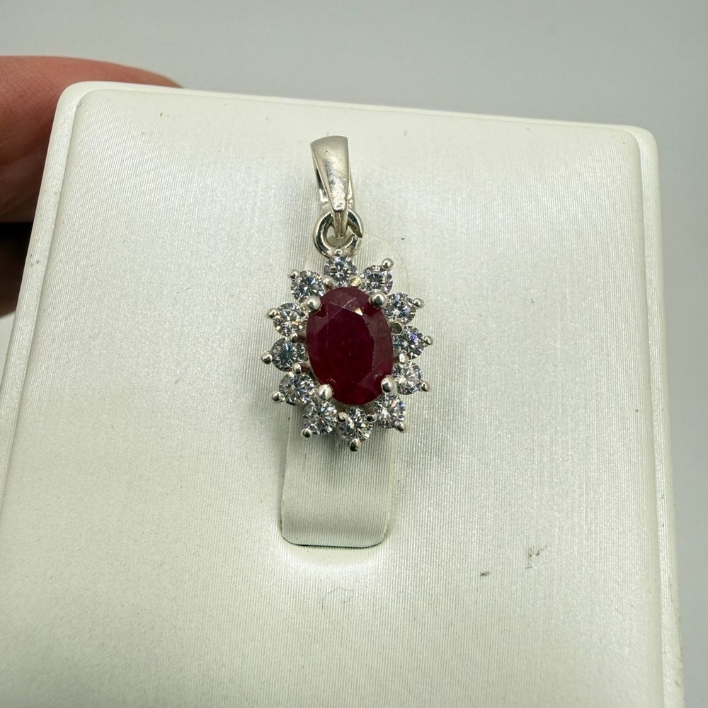 NWOT 5x7mm oval cut, faceted RUBY, w/halo of cz diamonds in 925 pendant!
